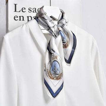 Nautical Print Silk Square Scarf - Classic Maritime Pattern with Anchor & Sailboat Design for Women & Men - Aruary Studio ｜ Artisanal Jewelry