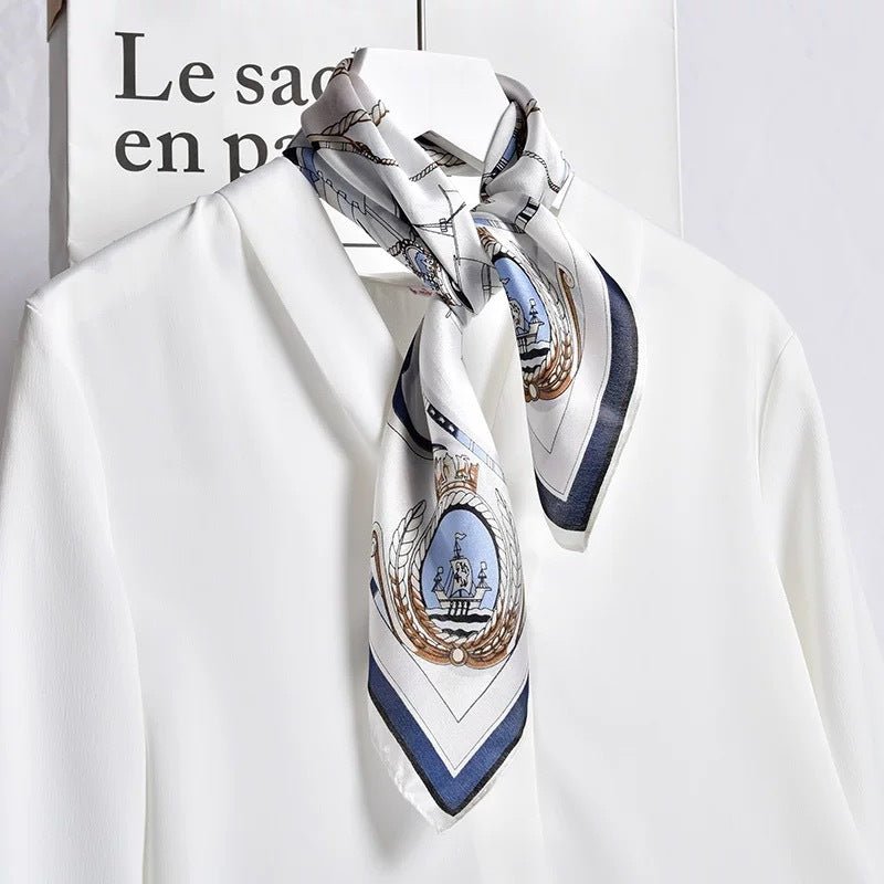 Nautical Print Silk Square Scarf - Classic Maritime Pattern with Anchor & Sailboat Design for Women & Men - Aruary Studio ｜ Artisanal Jewelry