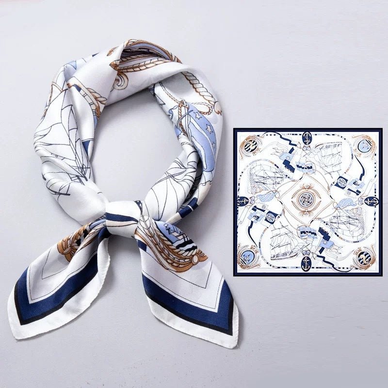 Nautical Print Silk Square Scarf - Classic Maritime Pattern with Anchor & Sailboat Design for Women & Men - Aruary Studio ｜ Artisanal Jewelry