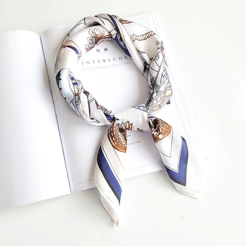 Nautical Print Silk Square Scarf - Classic Maritime Pattern with Anchor & Sailboat Design for Women & Men - Aruary Studio ｜ Artisanal Jewelry