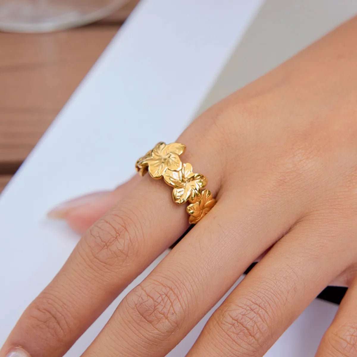 Never Fade Gold Floral Ring for Women | Titanium Steel & 18K Gold Plated | Botanical Jewelry - Aruary Studio ｜ Artisanal Jewelry