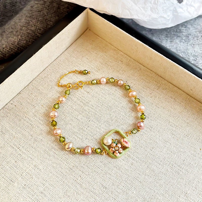 Oil Painting Floral Pearl Bracelet | Enamel Medallion + Freshwater Pearl + 18K Gold - Plated - Aruary Studio ｜ Artisanal Jewelry
