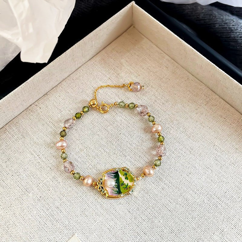 Oil Painting Floral Pearl Bracelet | Enamel Medallion + Freshwater Pearl + 18K Gold - Plated - Aruary Studio ｜ Artisanal Jewelry