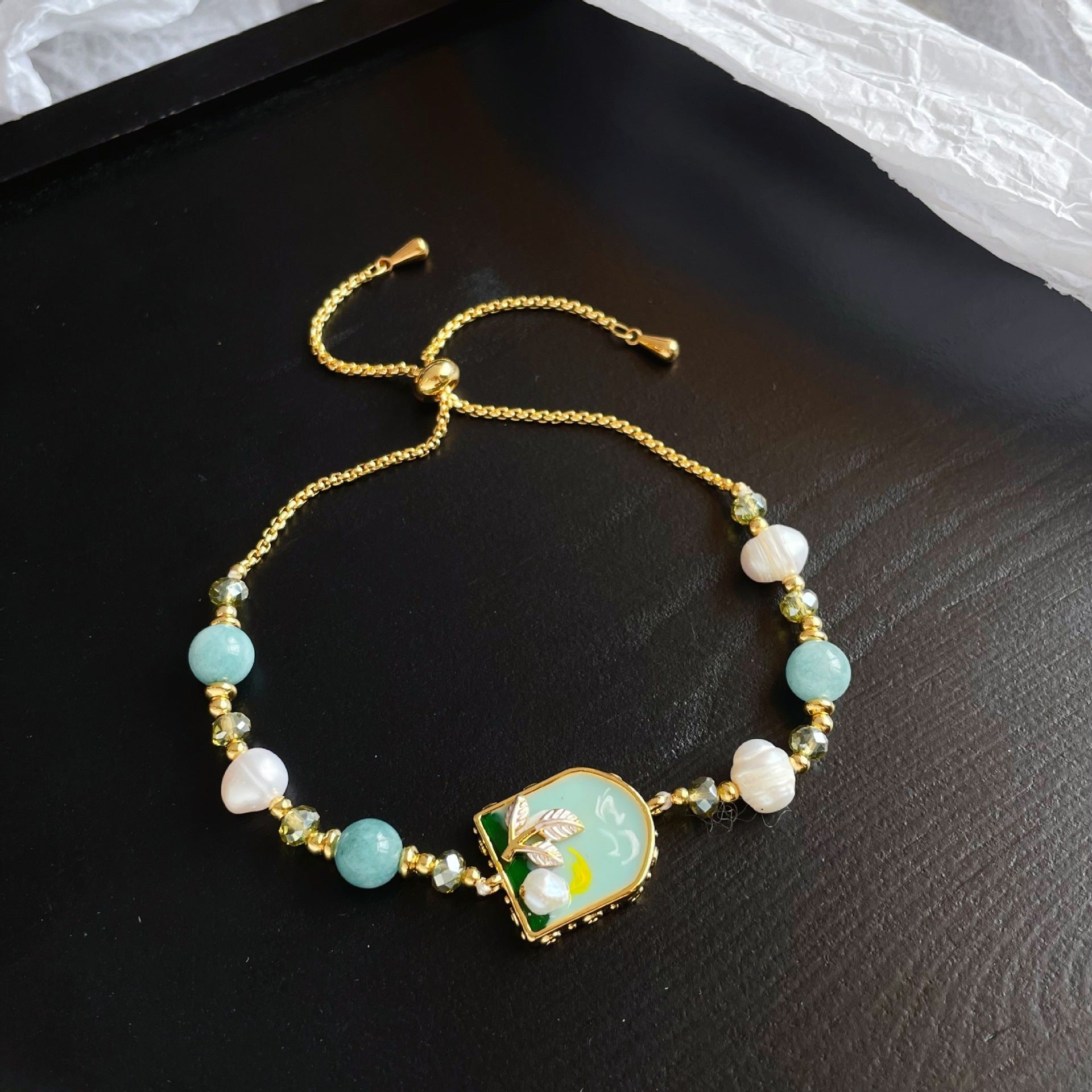 Oil Painting Floral Pearl Bracelet | Enamel Medallion + Freshwater Pearl + 18K Gold - Plated - Aruary Studio ｜ Artisanal Jewelry
