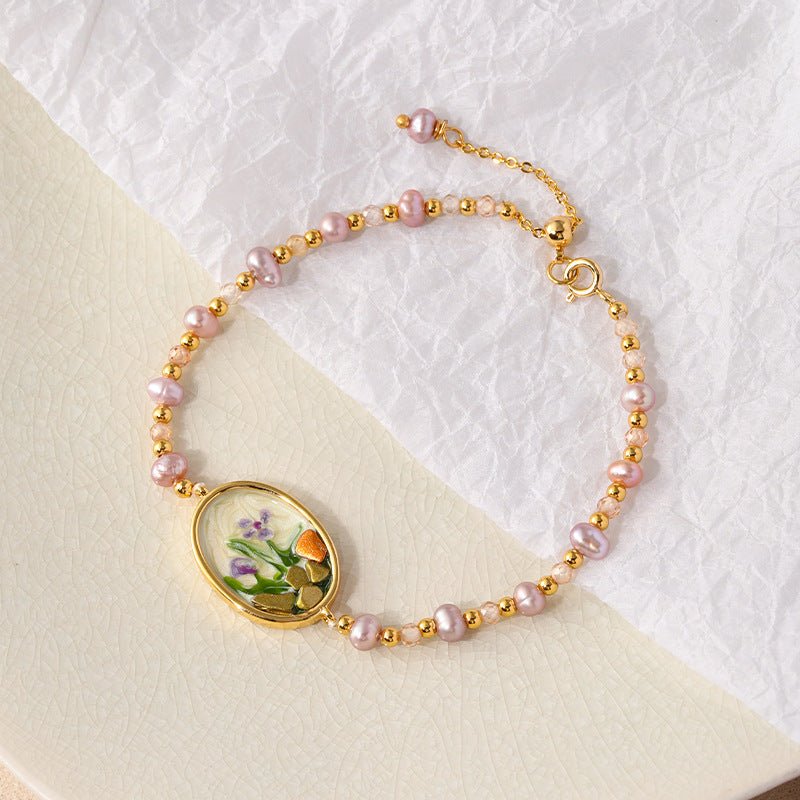 Oil Painting Floral Pearl Bracelet | Enamel Medallion + Freshwater Pearl + 18K Gold - Plated - Aruary Studio ｜ Artisanal Jewelry