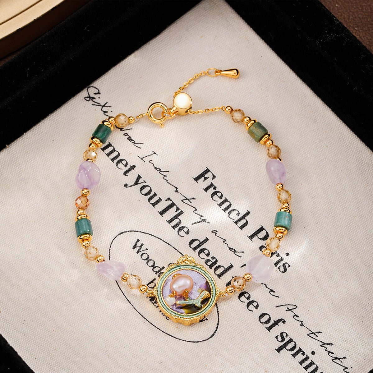 Oil Painting Floral Pearl Bracelet | Enamel Medallion + Freshwater Pearl + 18K Gold - Plated - Aruary Studio ｜ Artisanal Jewelry