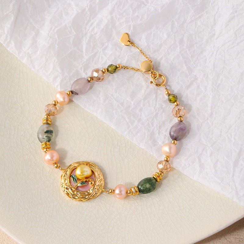 Oil Painting Floral Pearl Bracelet | Enamel Medallion + Freshwater Pearl + 18K Gold - Plated - Aruary Studio ｜ Artisanal Jewelry