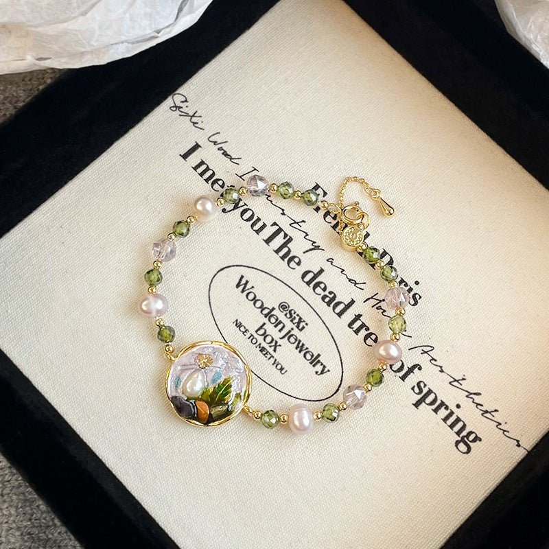 Oil Painting Floral Pearl Bracelet | Enamel Medallion + Freshwater Pearl + 18K Gold - Plated - Aruary Studio ｜ Artisanal Jewelry