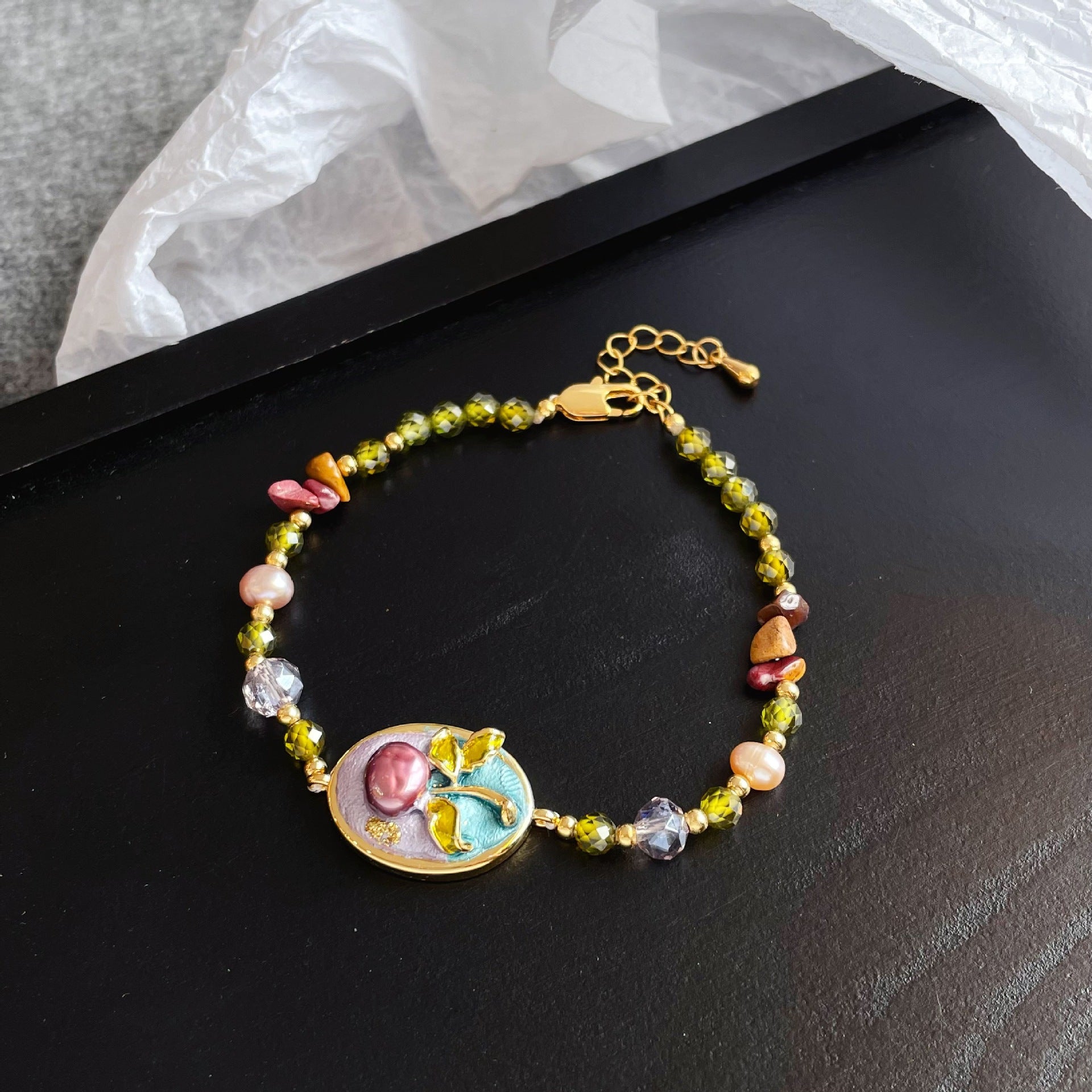 Oil Painting Floral Pearl Bracelet | Enamel Medallion + Freshwater Pearl + 18K Gold - Plated - Aruary Studio ｜ Artisanal Jewelry