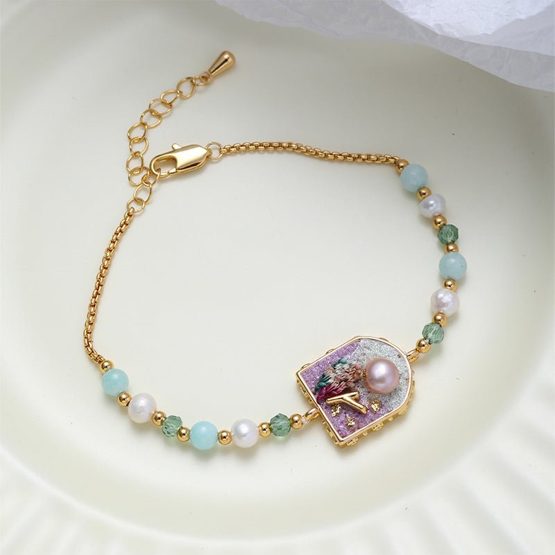 Oil Painting Floral Pearl Bracelet | Enamel Medallion + Freshwater Pearl + 18K Gold - Plated - Aruary Studio ｜ Artisanal Jewelry