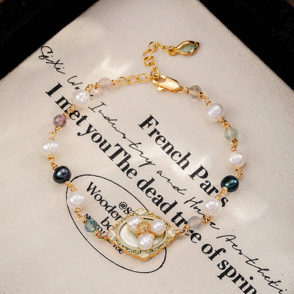 Oil Painting Floral Pearl Bracelet | Enamel Medallion + Freshwater Pearl + 18K Gold - Plated - Aruary Studio ｜ Artisanal Jewelry