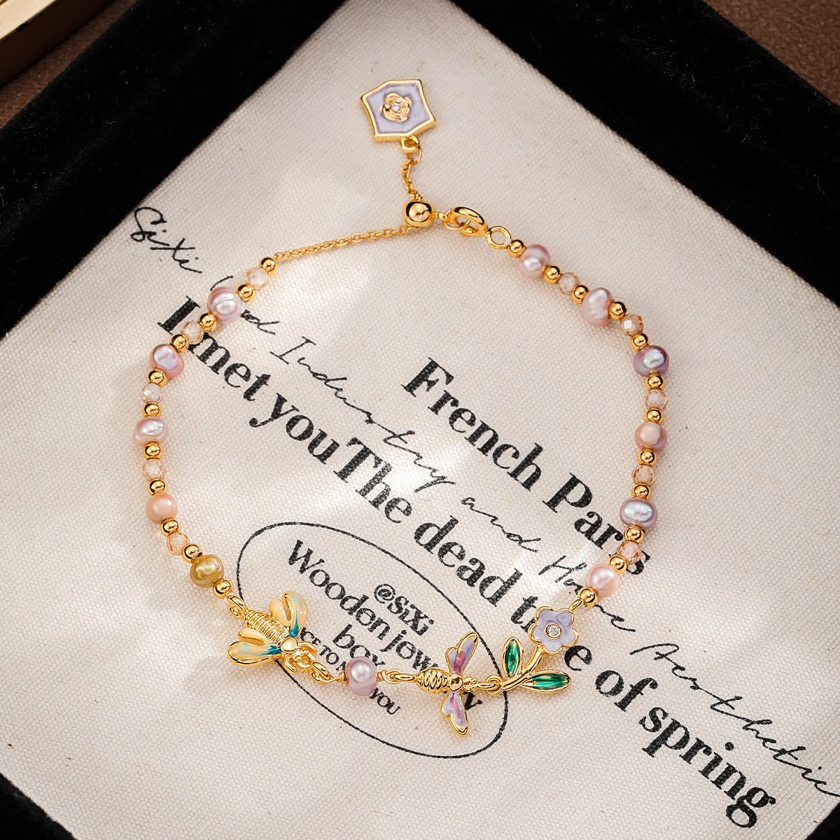 Oil Painting Floral Pearl Bracelet | Enamel Medallion + Freshwater Pearl + 18K Gold - Plated - Aruary Studio ｜ Artisanal Jewelry