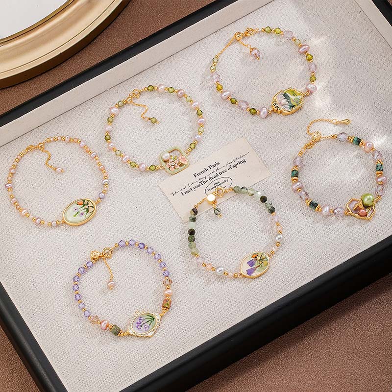Oil Painting Floral Pearl Bracelet | Enamel Medallion + Freshwater Pearl + 18K Gold - Plated - Aruary Studio ｜ Artisanal Jewelry