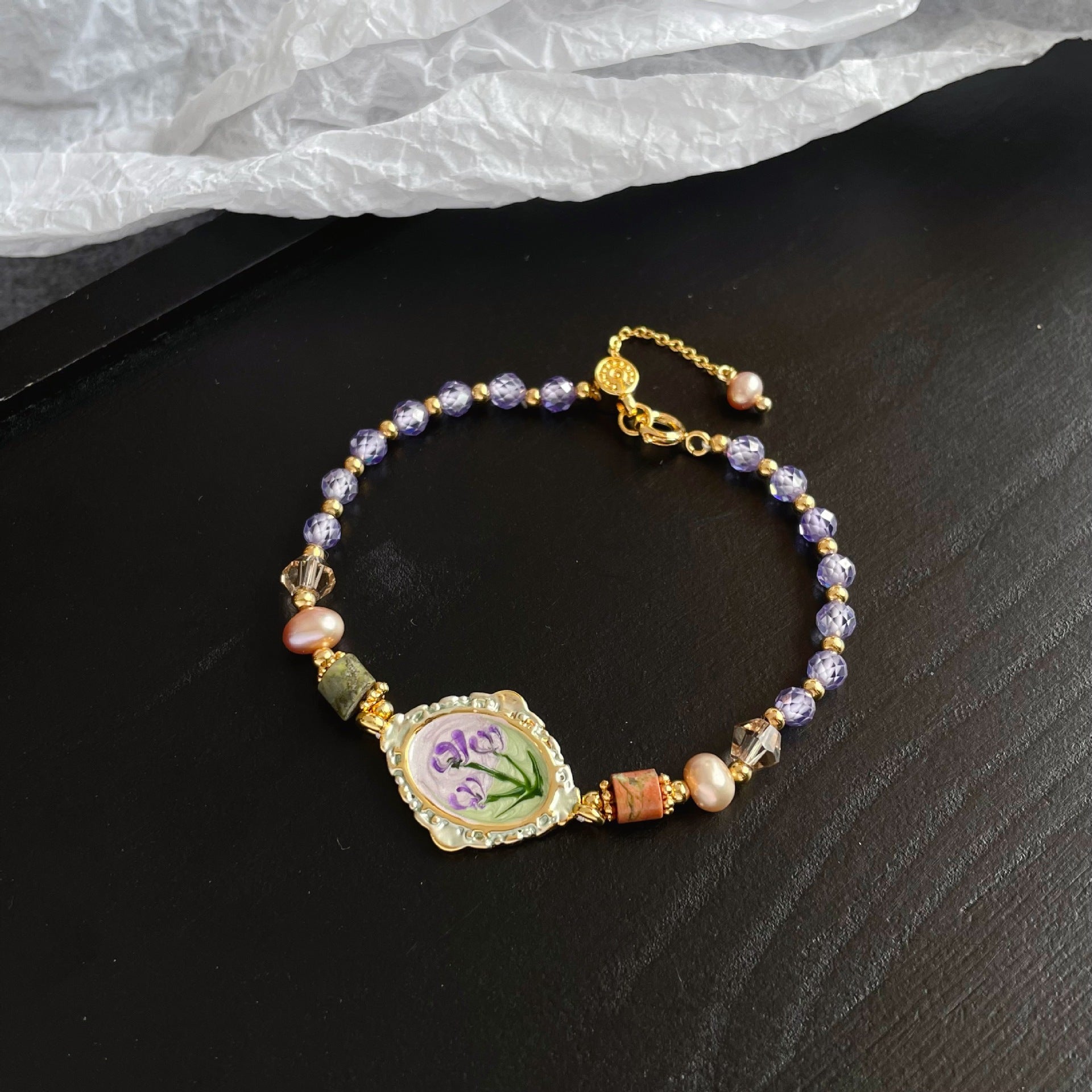 Oil Painting Floral Pearl Bracelet | Enamel Medallion + Freshwater Pearl + 18K Gold - Plated - Aruary Studio ｜ Artisanal Jewelry