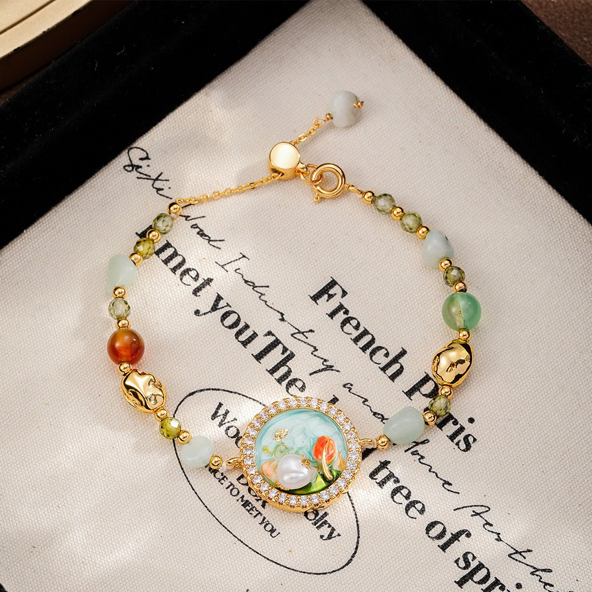 Oil Painting Floral Pearl Bracelet | Enamel Medallion + Freshwater Pearl + 18K Gold - Plated - Aruary Studio ｜ Artisanal Jewelry