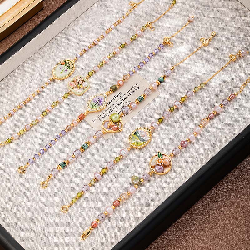 Oil Painting Floral Pearl Bracelet | Enamel Medallion + Freshwater Pearl + 18K Gold - Plated - Aruary Studio ｜ Artisanal Jewelry