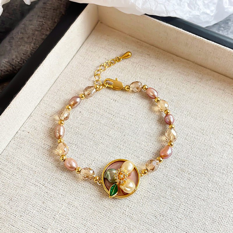 Oil Painting Floral Pearl Bracelet | Enamel Medallion + Freshwater Pearl + 18K Gold - Plated - Aruary Studio ｜ Artisanal Jewelry