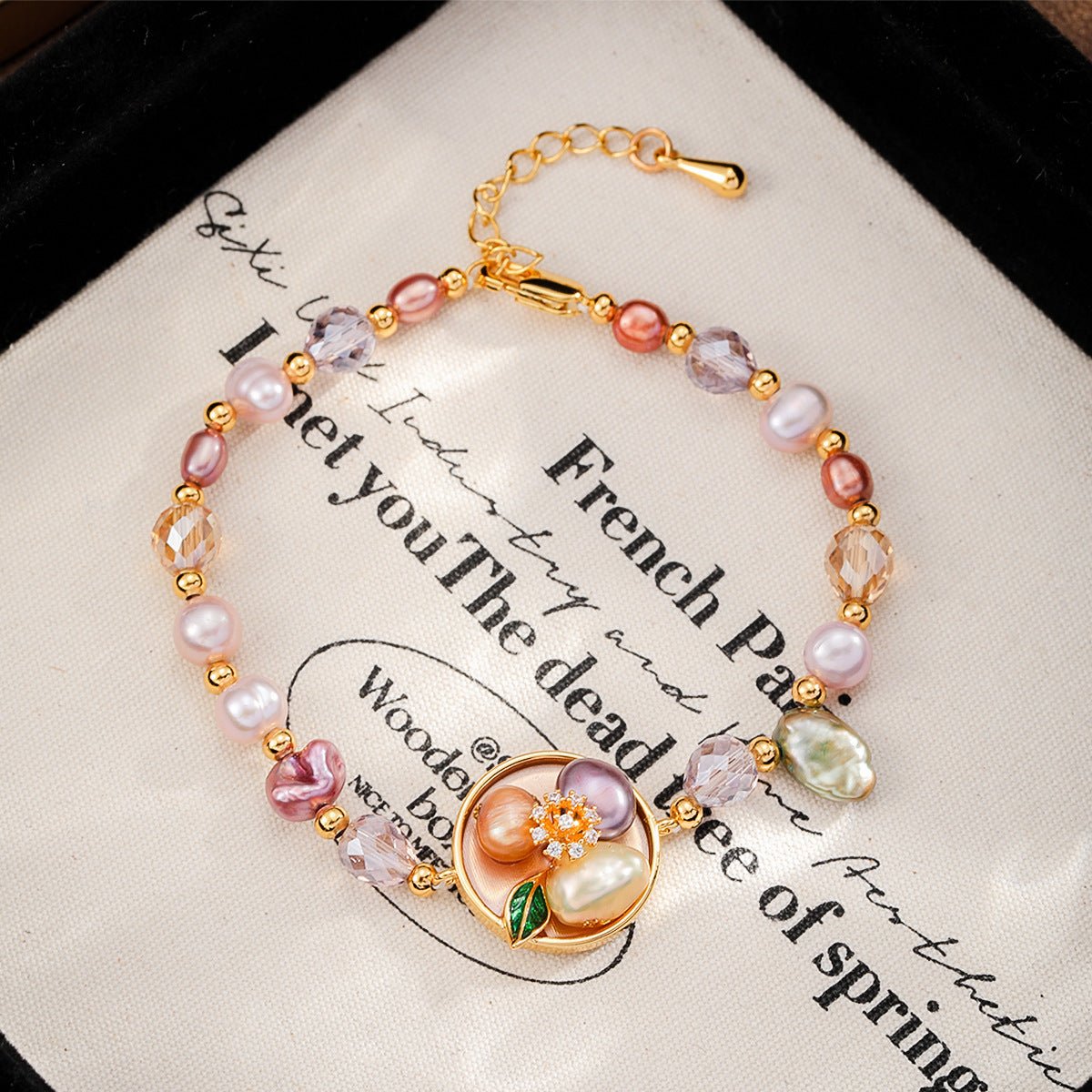 Oil Painting Floral Pearl Bracelet | Enamel Medallion + Freshwater Pearl + 18K Gold - Plated - Aruary Studio ｜ Artisanal Jewelry