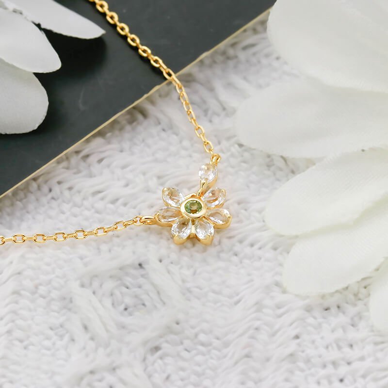 Olive Peridot & White Zircon Flower Pendant Necklace | 925 Sterling Silver Plated 14K Gold - Aruary Studio ｜ Artisanal Jewelry