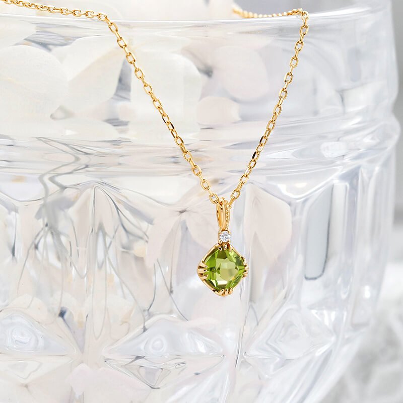 Olive Peridot & White Zircon Pendant Necklace | 925 Sterling Silver Plated 14K Gold - Aruary Studio ｜ Artisanal Jewelry