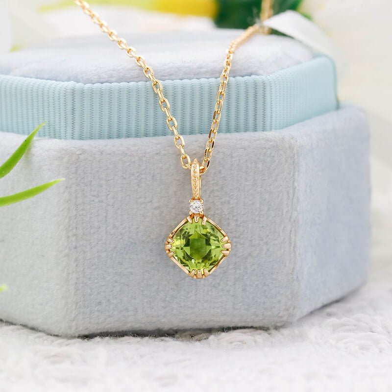 Olive Peridot & White Zircon Pendant Necklace | 925 Sterling Silver Plated 14K Gold - Aruary Studio ｜ Artisanal Jewelry