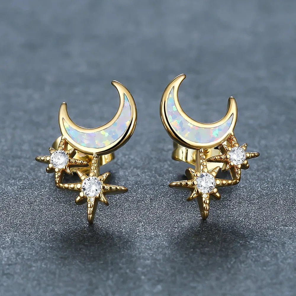 Opal Moon & Star Micro - Zircon Stud Earrings | Alloy Electroplated - Celestial Glamour with Iridescent Sparkle - Aruary Studio ｜ Artisanal Jewelry