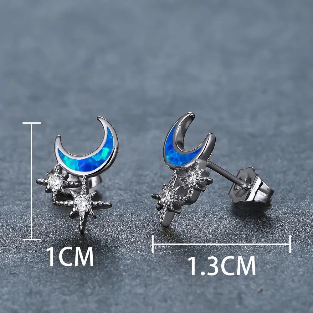 Opal Moon & Star Micro - Zircon Stud Earrings | Alloy Electroplated - Celestial Glamour with Iridescent Sparkle - Aruary Studio ｜ Artisanal Jewelry