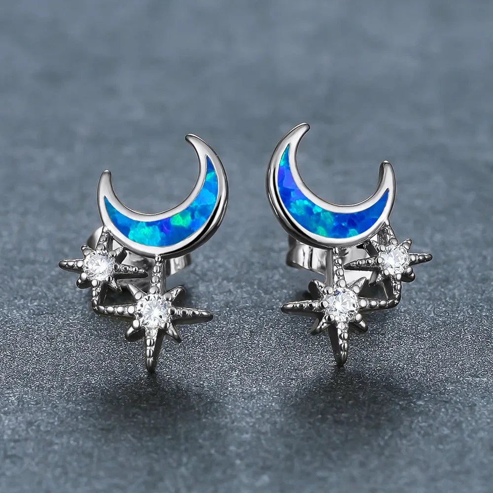 Opal Moon & Star Micro - Zircon Stud Earrings | Alloy Electroplated - Celestial Glamour with Iridescent Sparkle - Aruary Studio ｜ Artisanal Jewelry