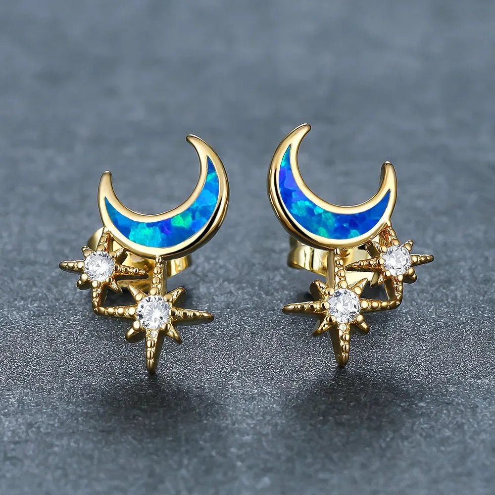 Opal Moon & Star Micro - Zircon Stud Earrings | Alloy Electroplated - Celestial Glamour with Iridescent Sparkle - Aruary Studio ｜ Artisanal Jewelry