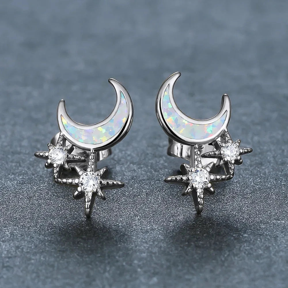 Opal Moon & Star Micro - Zircon Stud Earrings | Alloy Electroplated - Celestial Glamour with Iridescent Sparkle - Aruary Studio ｜ Artisanal Jewelry