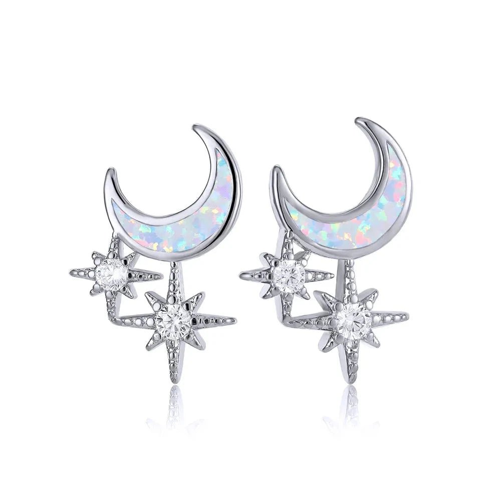 Opal Moon & Star Micro - Zircon Stud Earrings | Alloy Electroplated - Celestial Glamour with Iridescent Sparkle - Aruary Studio ｜ Artisanal Jewelry