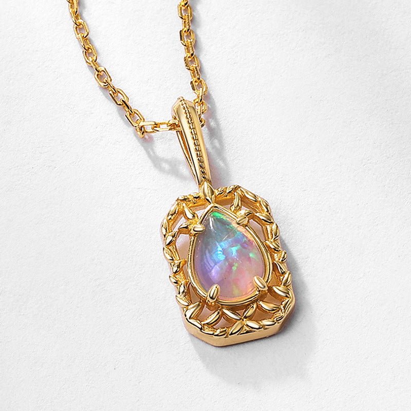 Openwork Filigree Opal Pendant Necklace | 925 Sterling Silver Plated 10K Gold - Aruary Studio ｜ Artisanal Jewelry