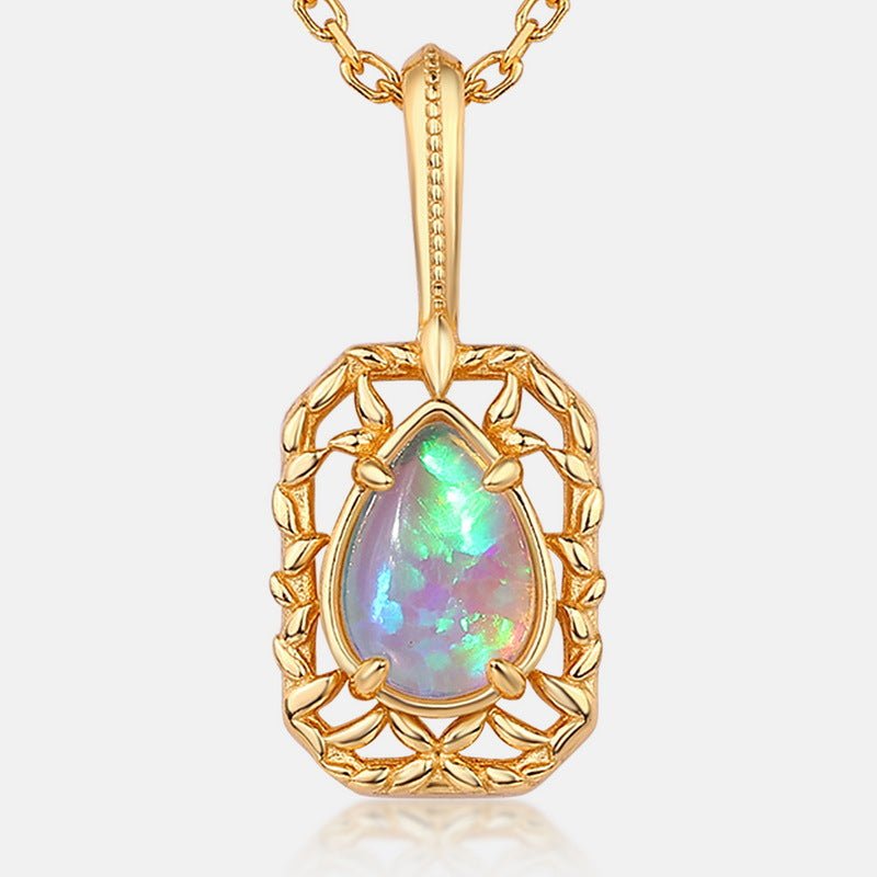 Openwork Filigree Opal Pendant Necklace | 925 Sterling Silver Plated 10K Gold - Aruary Studio ｜ Artisanal Jewelry