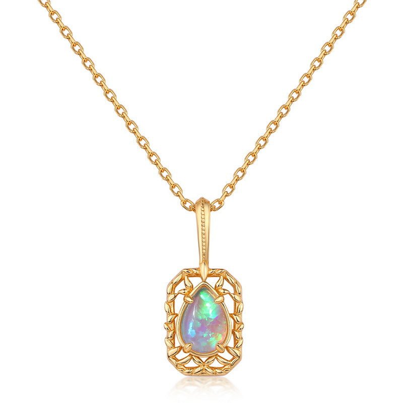 Openwork Filigree Opal Pendant Necklace | 925 Sterling Silver Plated 10K Gold - Aruary Studio ｜ Artisanal Jewelry