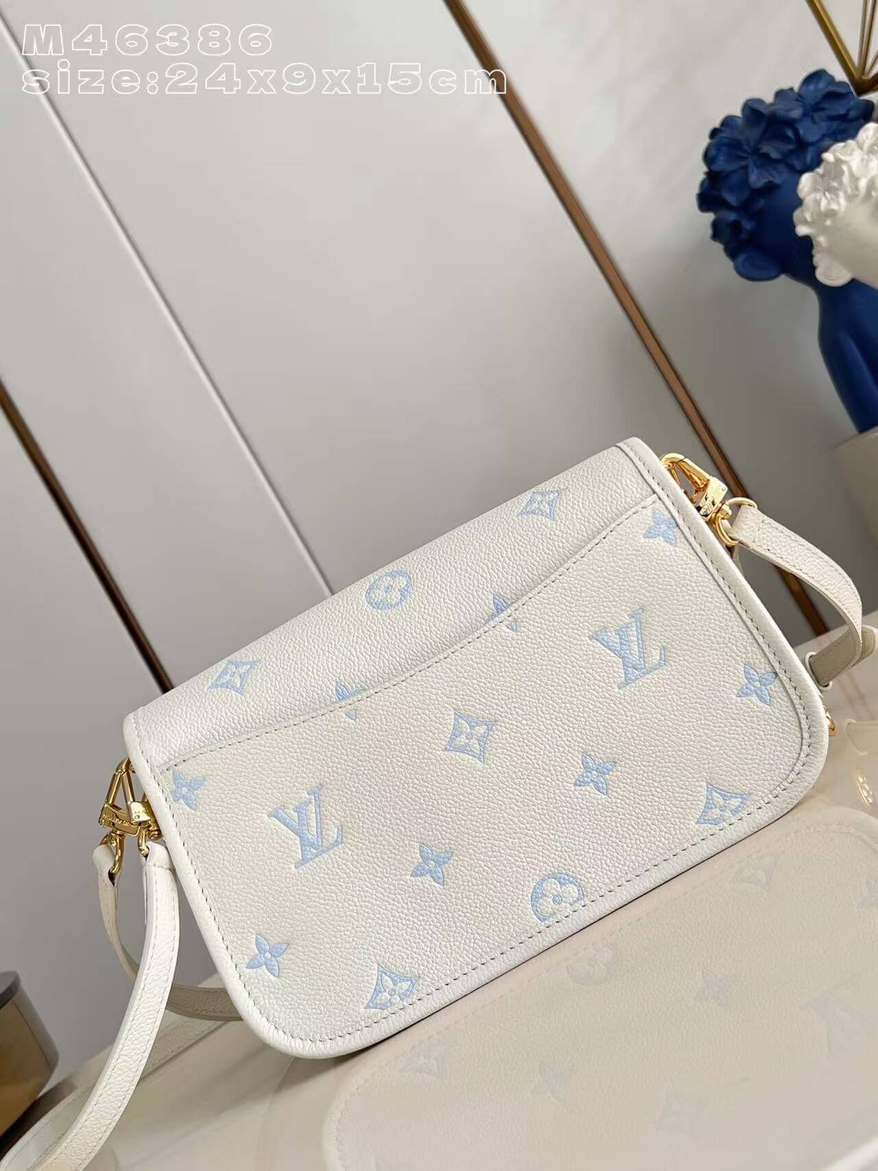 Premium Monogram Empreinte Diane Messenger Bag | Grained Leather Shoulder Bag for Women | Pastel Blue Luxury Inspired Crossbody Satchel