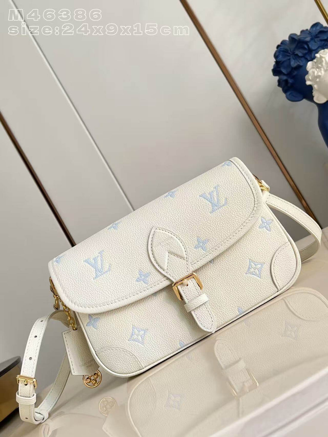 Premium Monogram Empreinte Diane Messenger Bag | Grained Leather Shoulder Bag for Women | Pastel Blue Luxury Inspired Crossbody Satchel