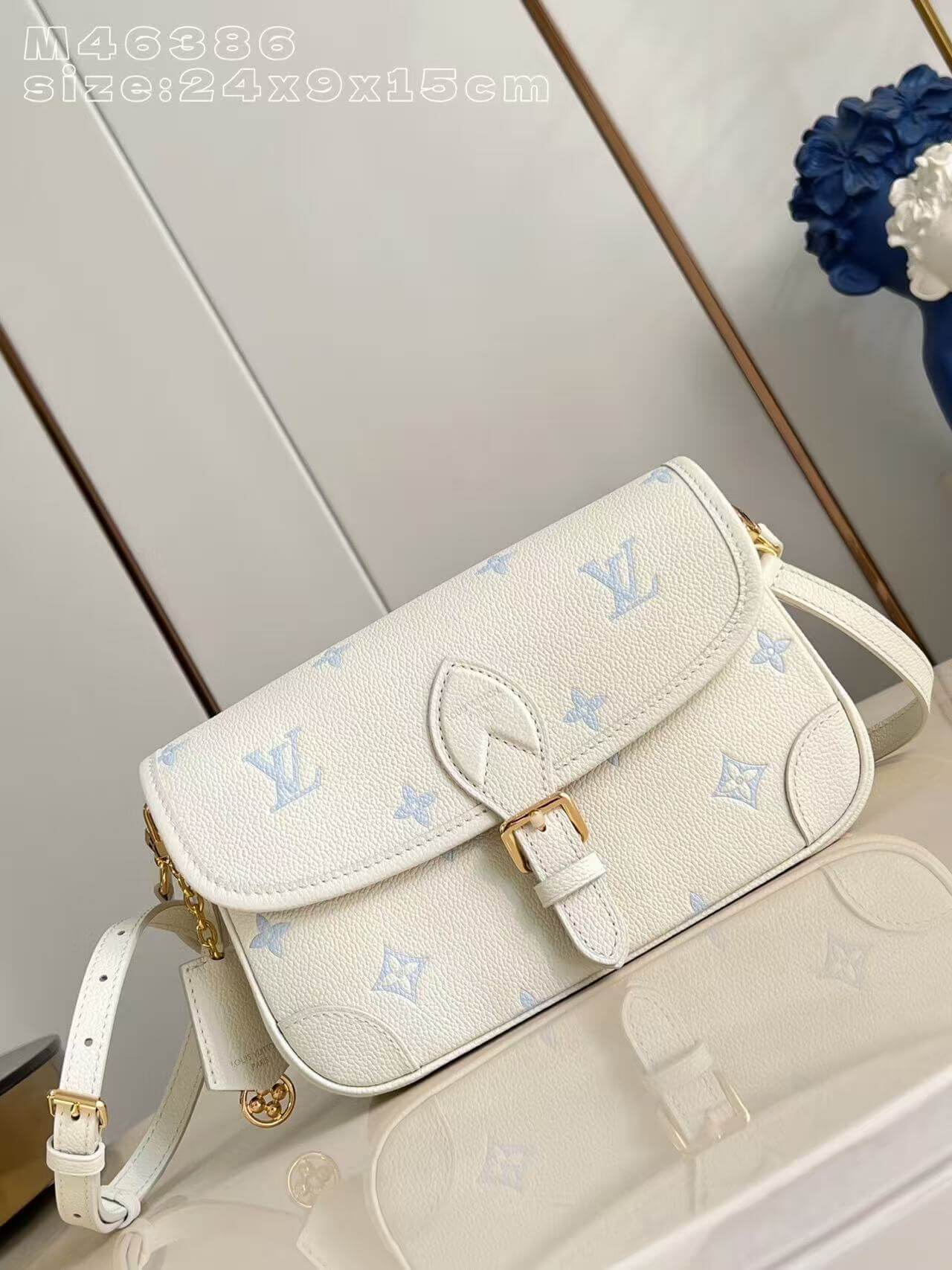 Premium Monogram Empreinte Diane Messenger Bag | Grained Leather Shoulder Bag for Women | Pastel Blue Luxury Inspired Crossbody Satchel
