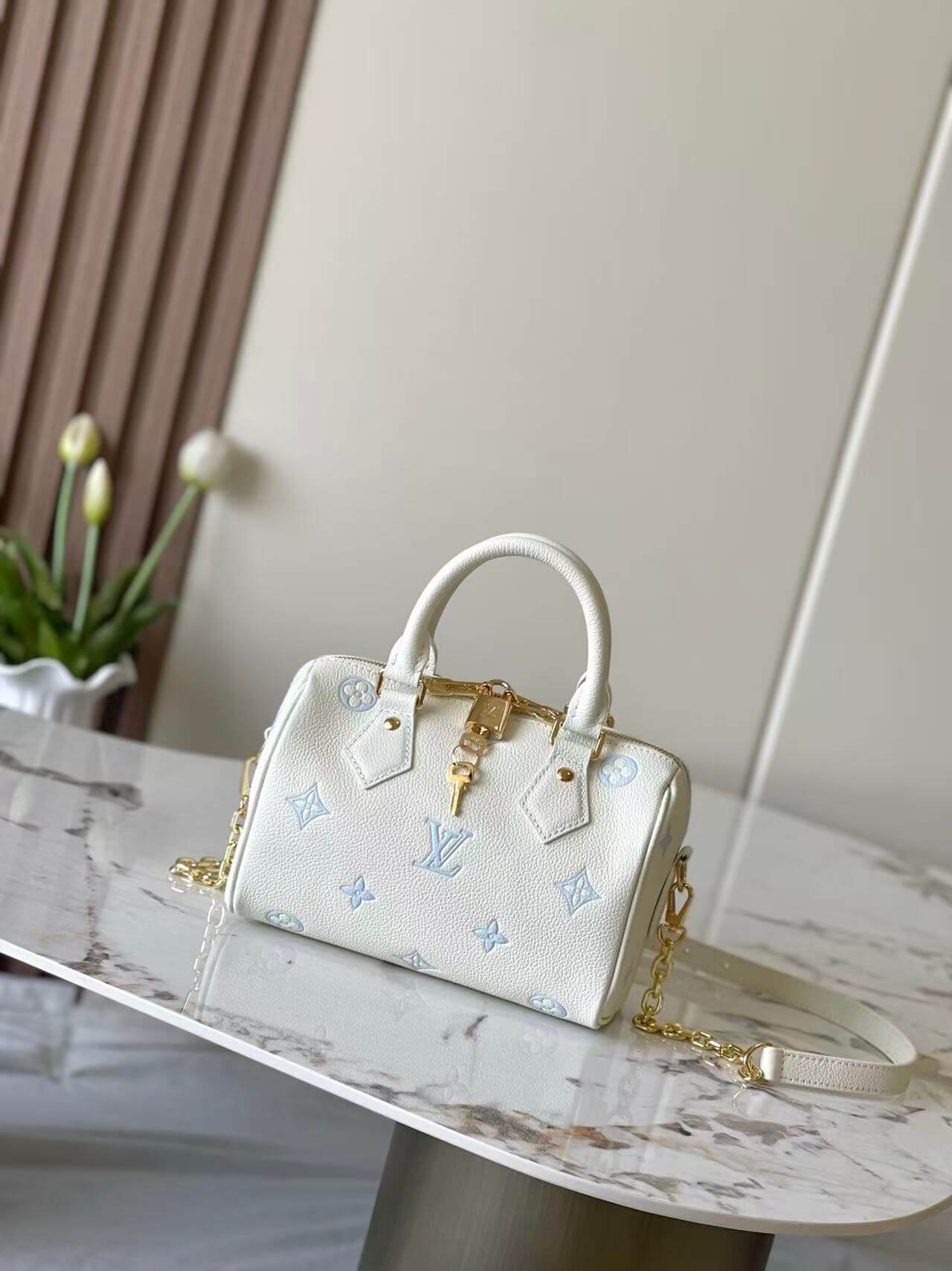 Premium Monogram Empreinte Speedy Bandoulière 20 | Grained Leather Mini Doctor Bag | Pastel Blue & Green Luxury Crossbody for Women