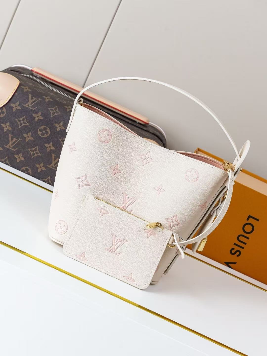 Pastel Monogram Mini Bucket Bag with Matching Pouch | Luxury Inspired Crossbody Shoulder Bag for Women | 18x16cm - Aruary Studio ｜ Artisanal Jewelry