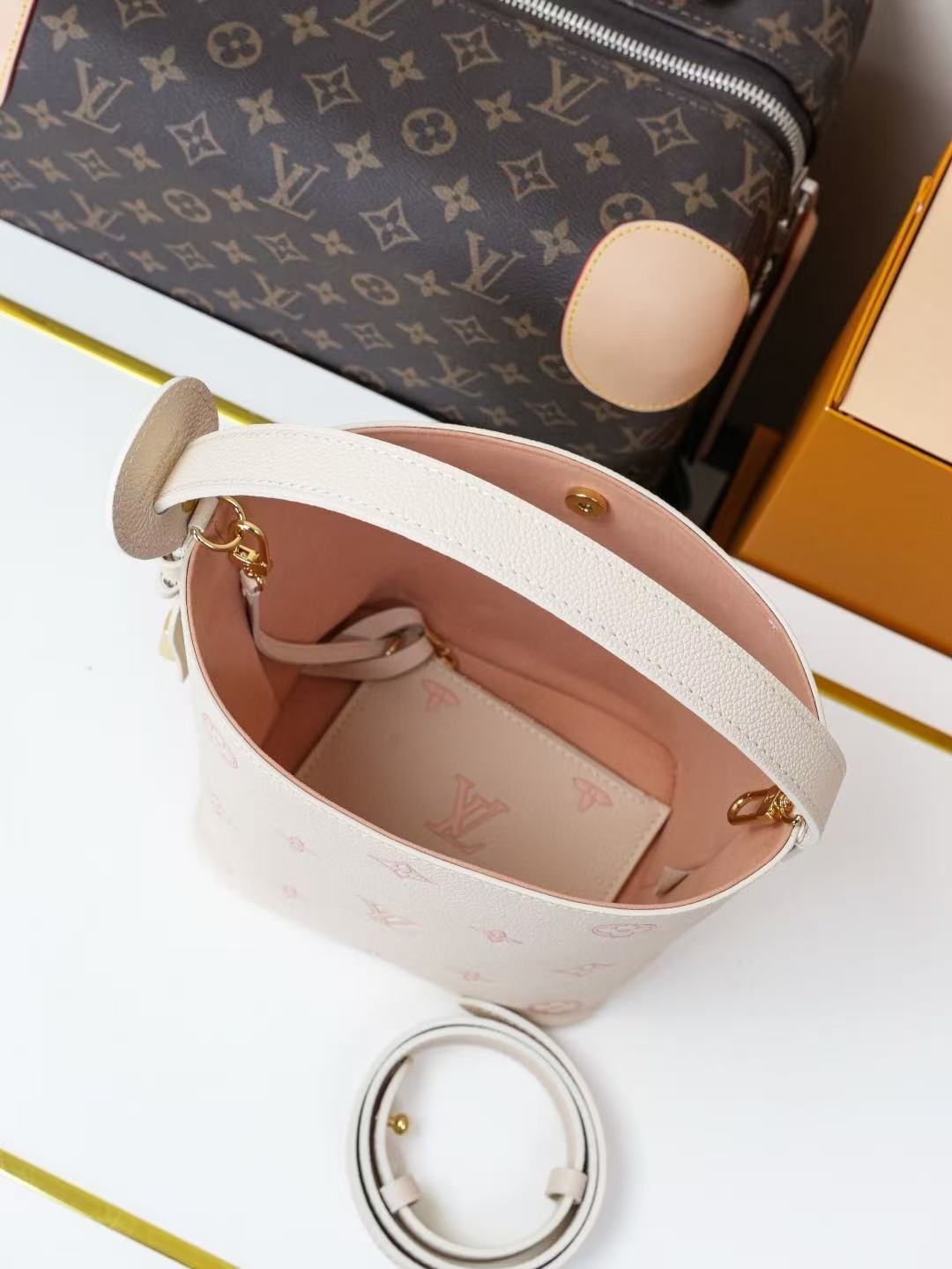 Pastel Monogram Mini Bucket Bag with Matching Pouch | Luxury Inspired Crossbody Shoulder Bag for Women | 18x16cm - Aruary Studio ｜ Artisanal Jewelry