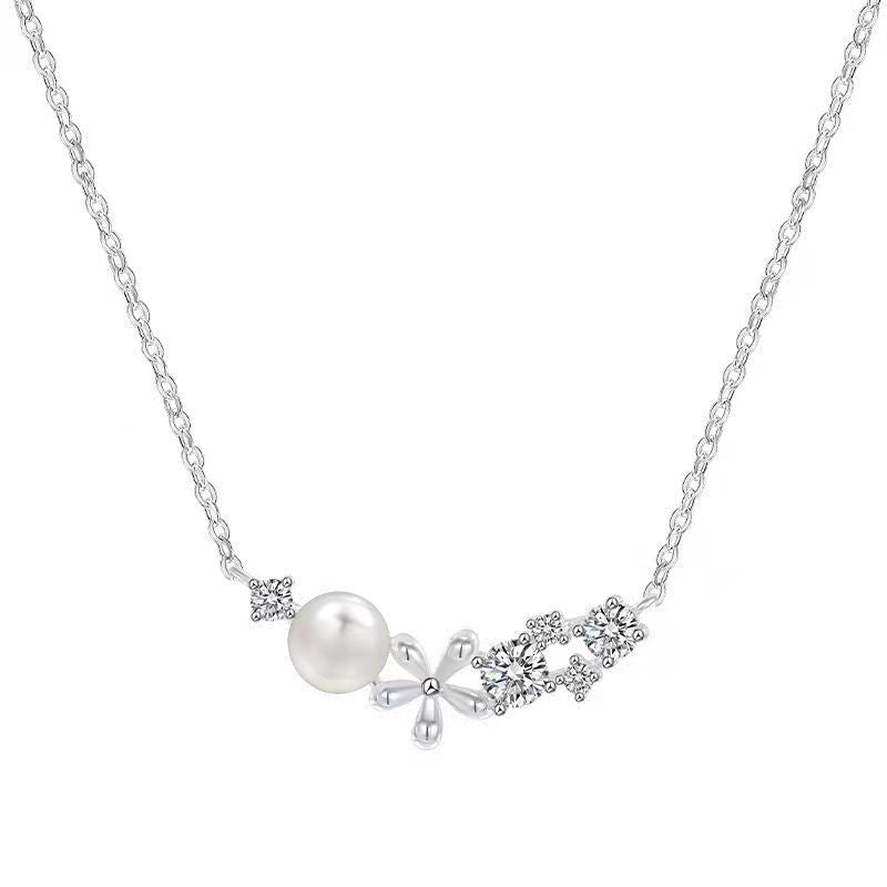 “Pearl Blossom” 925 Sterling Silver Pearl & Zircon Necklace - Hypoallergenic Adjustable Elegant Pendant - Aruary Studio ｜ Artisanal Jewelry