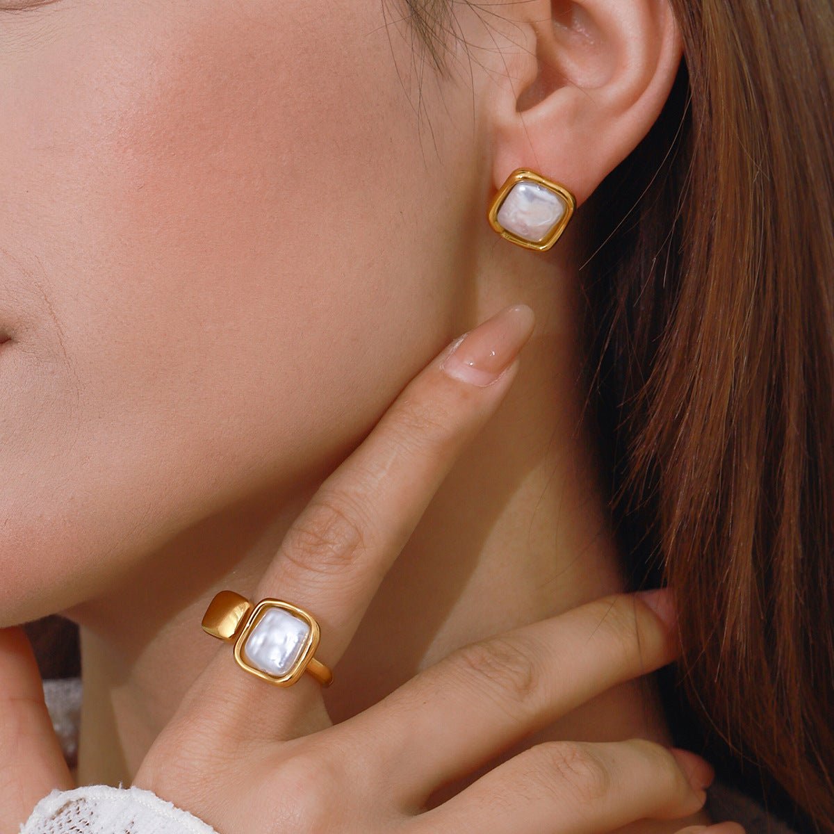 Pearl Titanium Earring & Ring Set - 18K Gold Plated Minimalist Jewelry, Hypoallergenic Office - to - Evening Stack - Aruary Studio ｜ Artisanal Jewelry