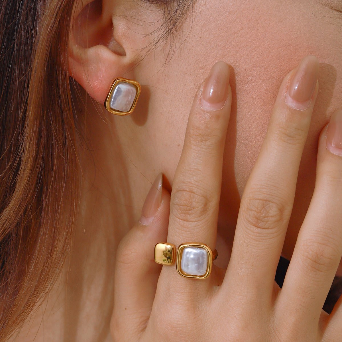 Pearl Titanium Earring & Ring Set - 18K Gold Plated Minimalist Jewelry, Hypoallergenic Office - to - Evening Stack - Aruary Studio ｜ Artisanal Jewelry