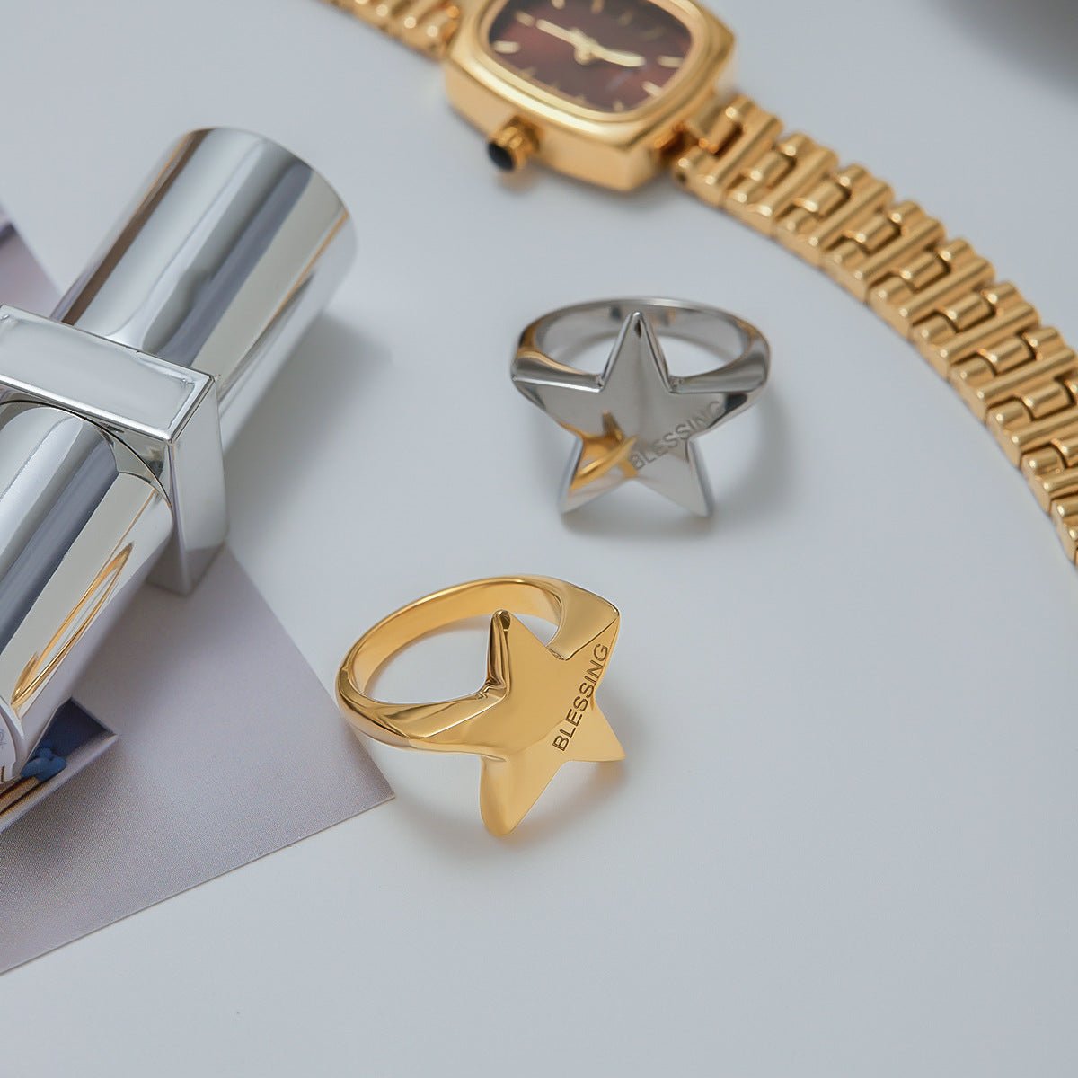 Pentagram Signet Ring - 18K Gold Titanium Steel Statement Ring | Tarnish - Free Power Jewelry - Aruary Studio ｜ Artisanal Jewelry