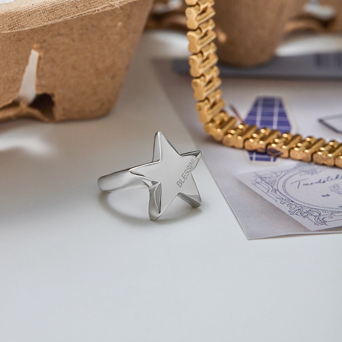 Pentagram Signet Ring - 18K Gold Titanium Steel Statement Ring | Tarnish - Free Power Jewelry - Aruary Studio ｜ Artisanal Jewelry