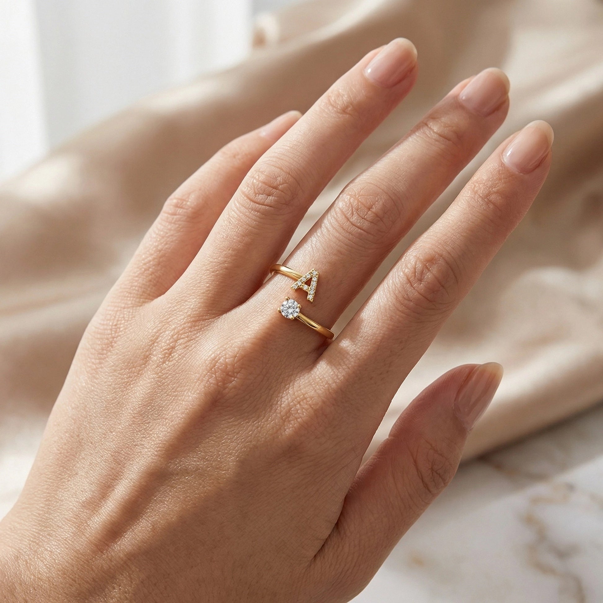 Personalized 18K Gold Plated Initial Ring – Sparkling 5A Cubic Zirconia Adjustable Letter Ring, Dainty Custom Jewelry for Her - Aruary Studio ｜ Artisanal Jewelry