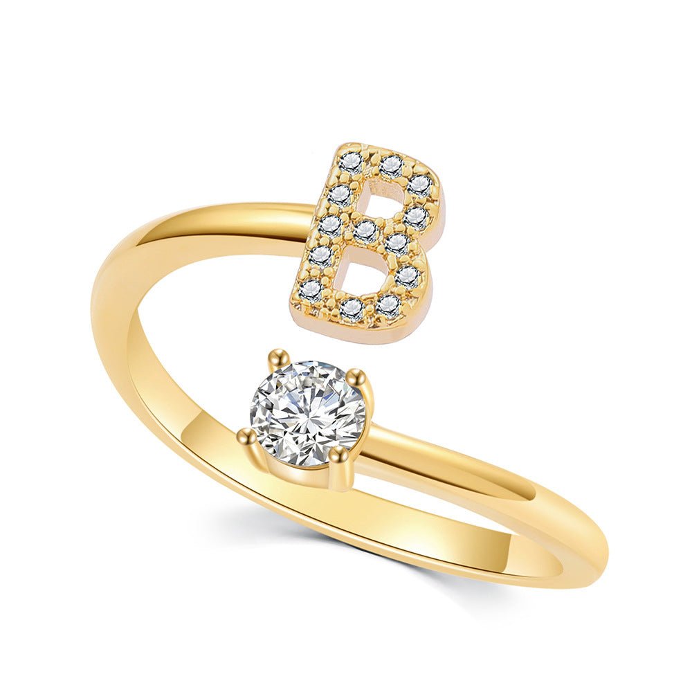 Personalized 18K Gold Plated Initial Ring – Sparkling 5A Cubic Zirconia Adjustable Letter Ring, Dainty Custom Jewelry for Her - Aruary Studio ｜ Artisanal Jewelry