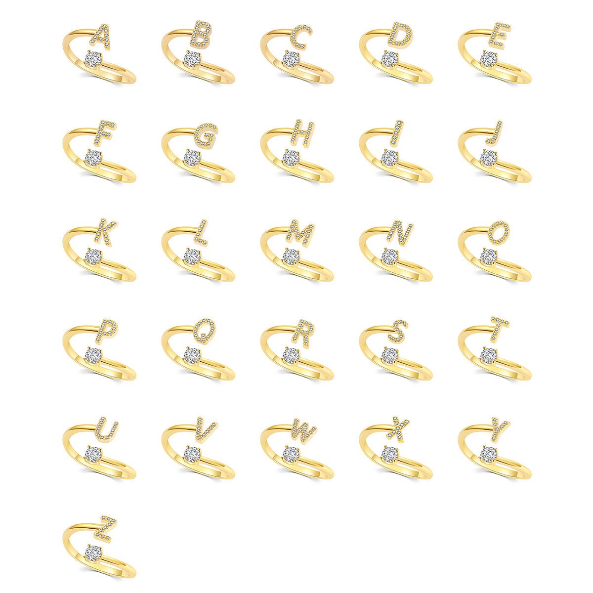 Personalized 18K Gold Plated Initial Ring – Sparkling 5A Cubic Zirconia Adjustable Letter Ring, Dainty Custom Jewelry for Her - Aruary Studio ｜ Artisanal Jewelry