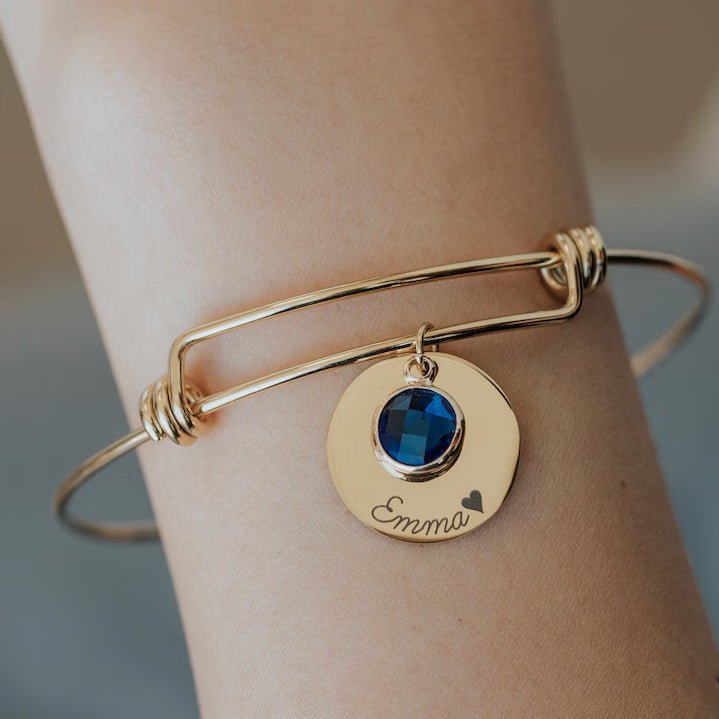 Personalized Birthstone Titanium Steel Disc Bangle | Custom Name & Birthday - A Timeless Token of Love & Memories - Aruary Studio ｜ Artisanal Jewelry