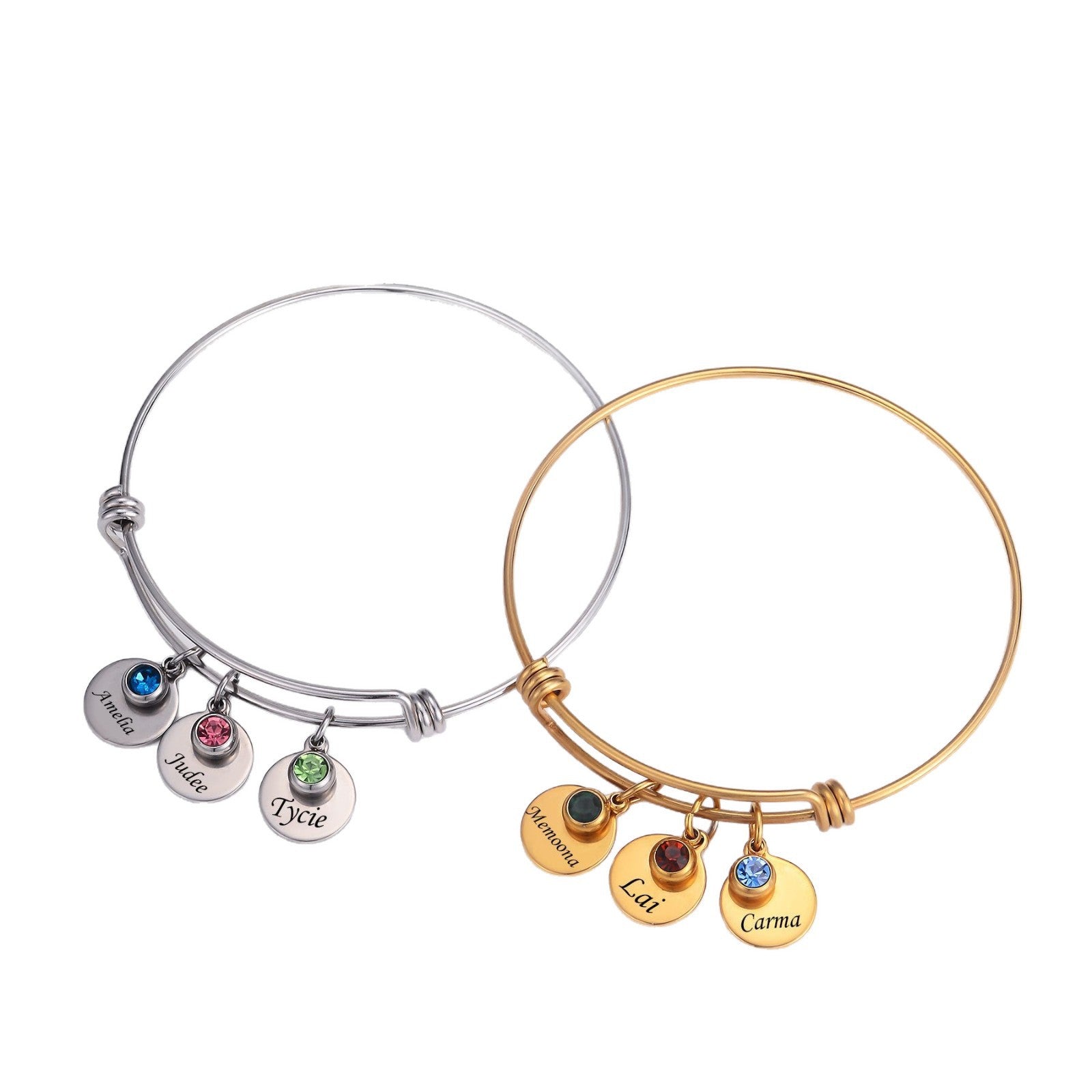 Personalized Birthstone Titanium Steel Disc Bangle | Custom Name & Birthday - A Timeless Token of Love & Memories - Aruary Studio ｜ Artisanal Jewelry